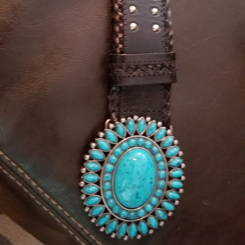 Leather Belt w/Studs & Faux Turquoise Buckle. N